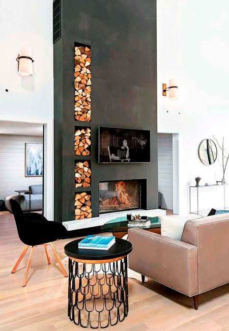 Chimenea moderna de acero y madera Chimenea moderna de acero y madera